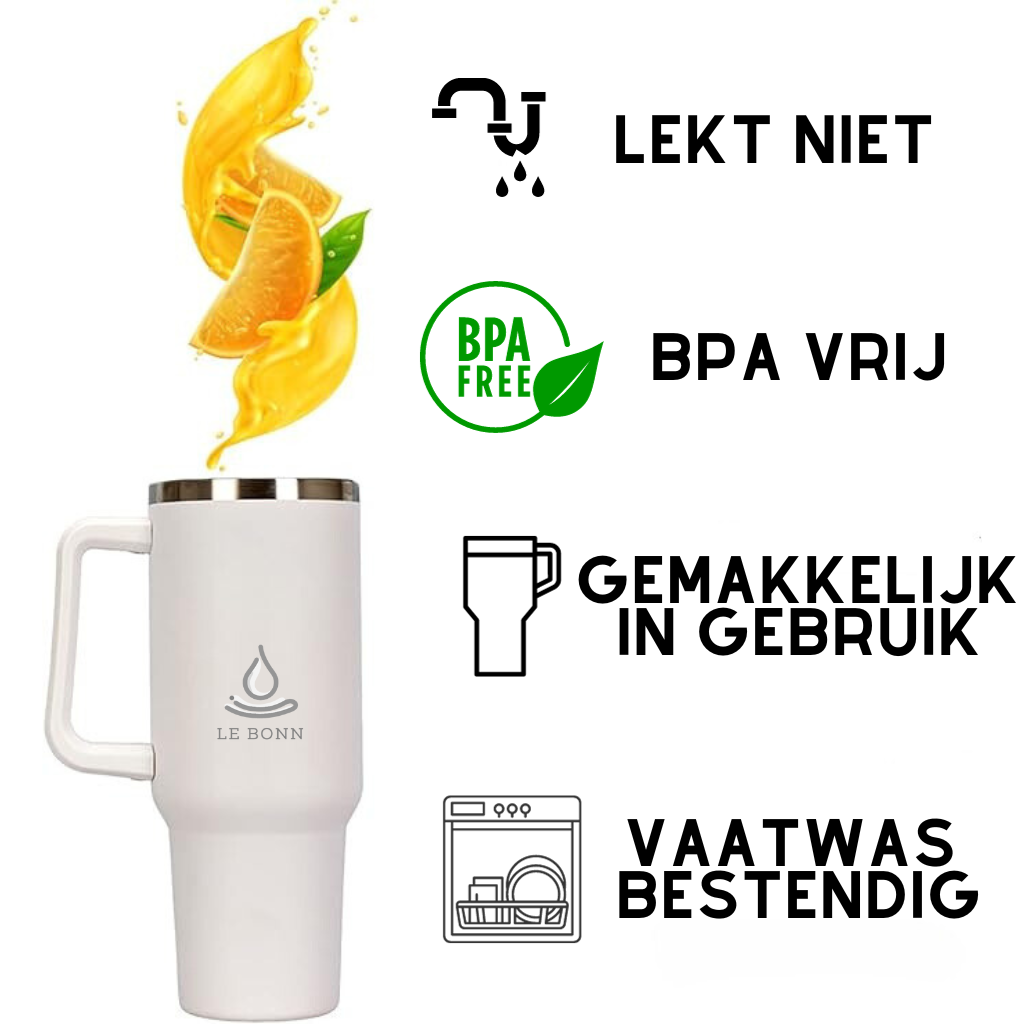 Le Bonn - Grijs - Thermosbeker met Handvat en Rietje to go